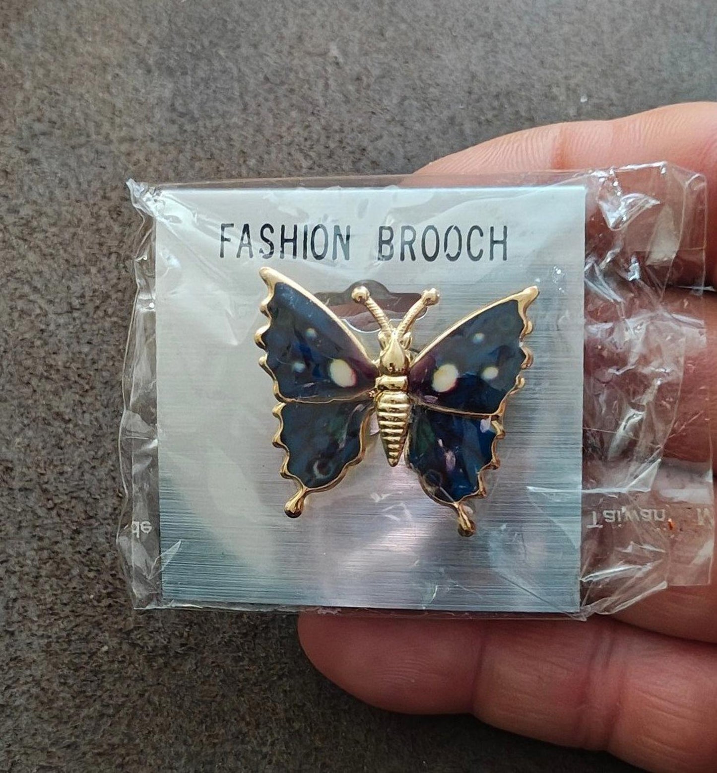 1980s Vintage Gold Tone Dark Blue Butterfly Brooch Pin New.