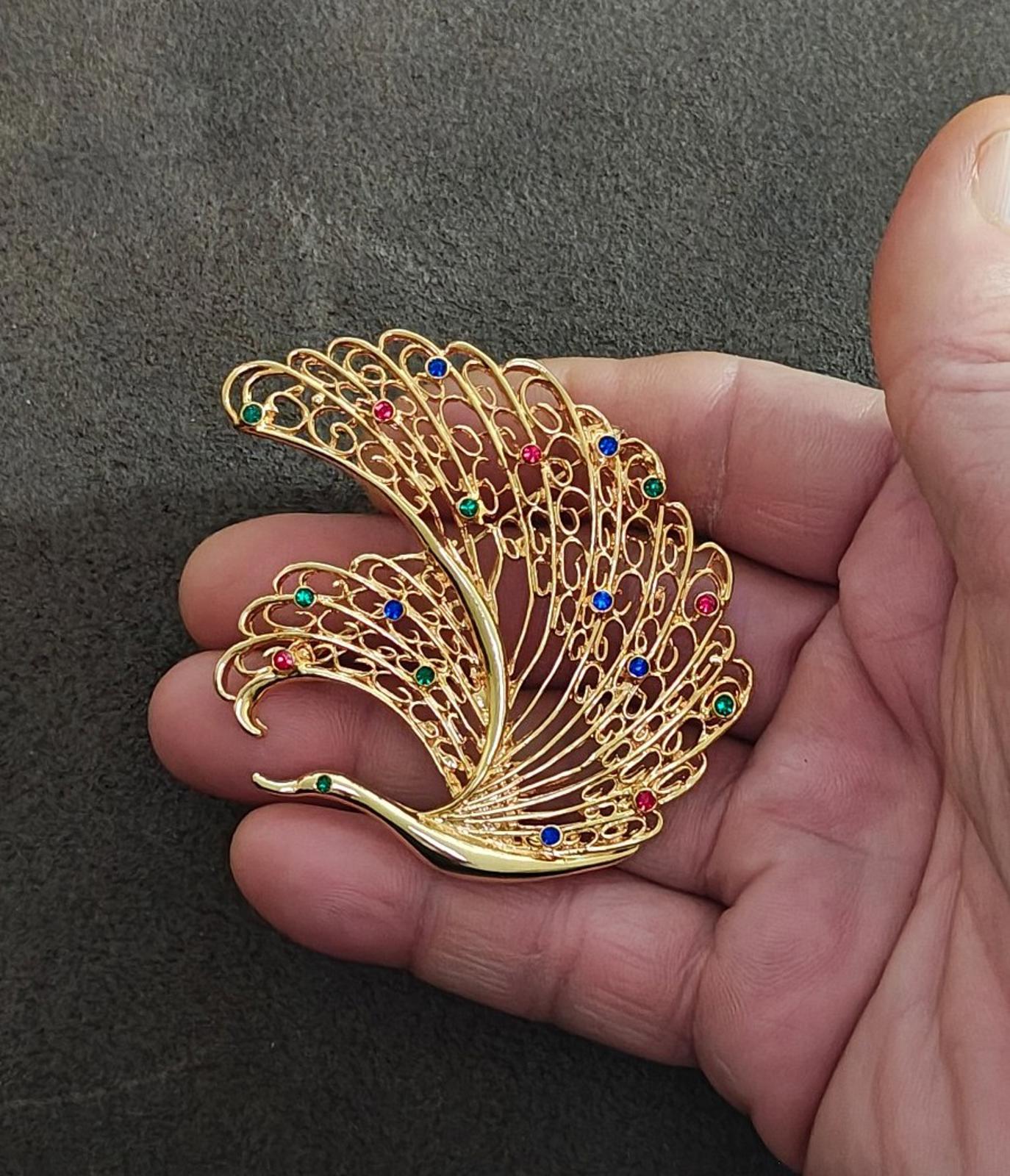 1990's Vintage Large Peacock/Swan Gold Tone Red Blue Green Crystals Brooch Pin