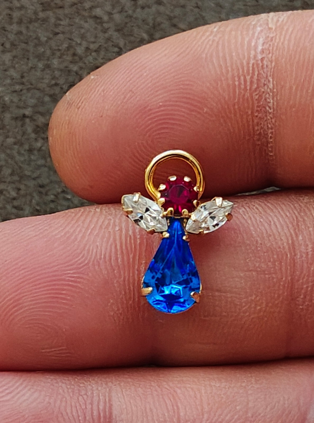 1990s Gold Tone With Red, White & Blue Rhinestones Small Patriotic Angel Pin