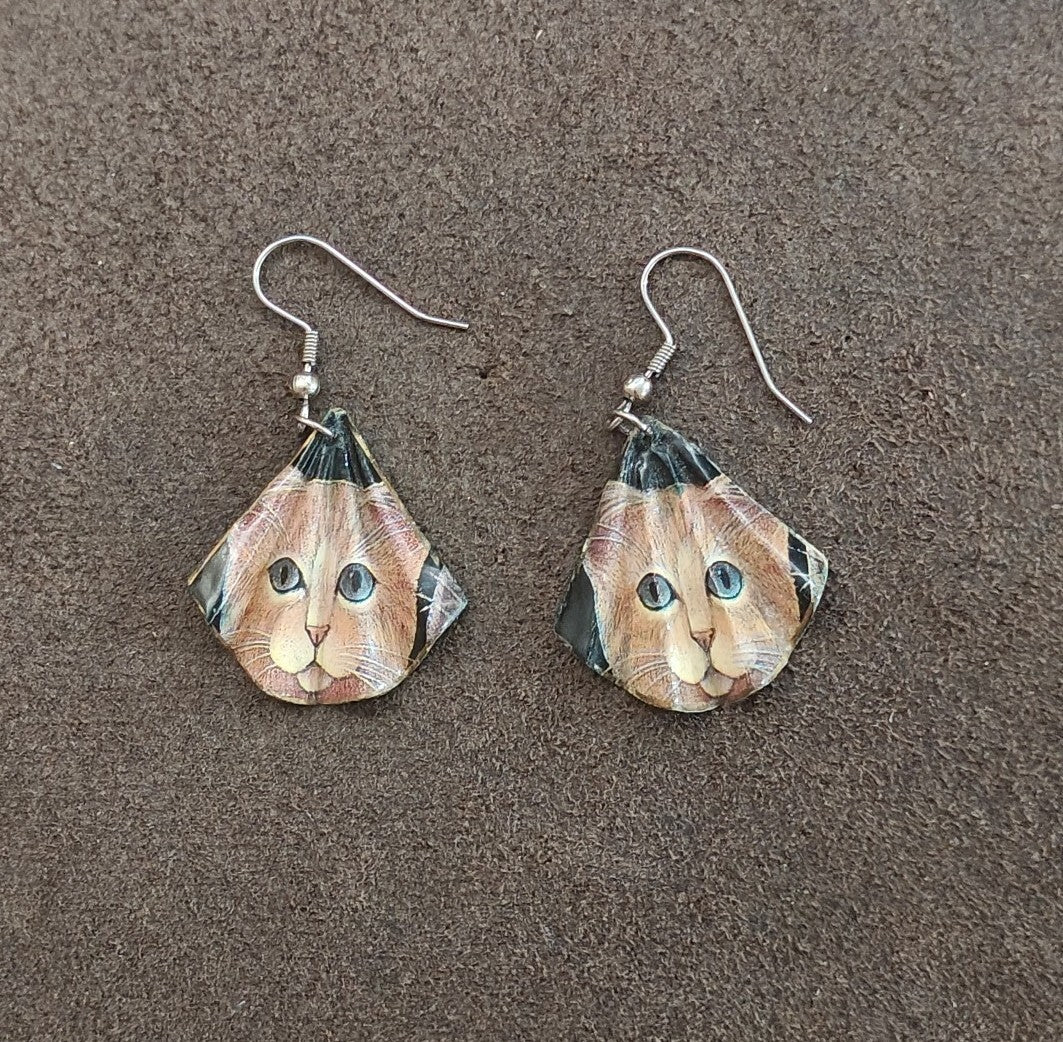 Handmade Cat Face Dangle Earrings Orange Tabby Kitten