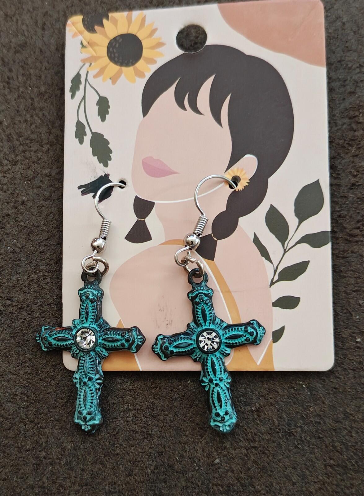 Antique Style Turquoise Cross Earrings Rhinestone Center Silver Tone Ear Wires