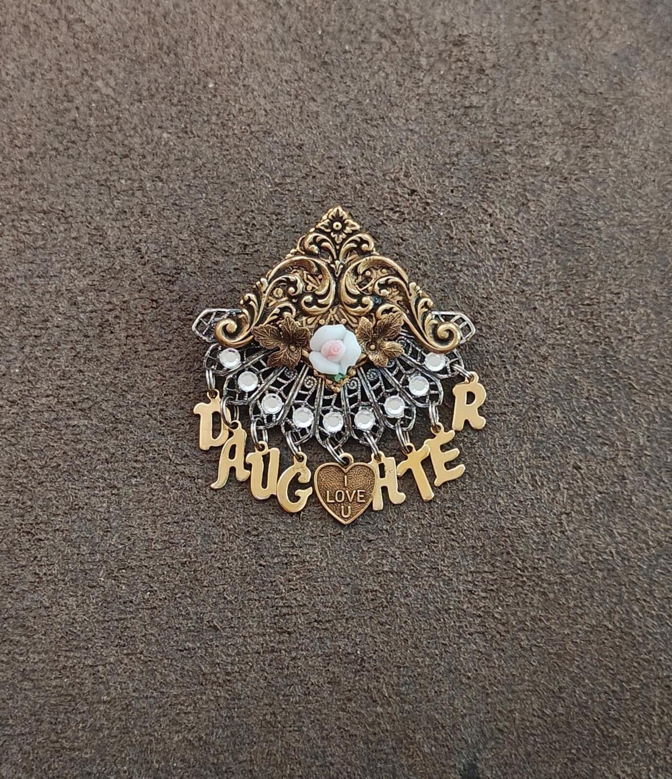 1980s Handcrafted "Daughter" Family Sentiment Gold Tone Dangle Brooch.