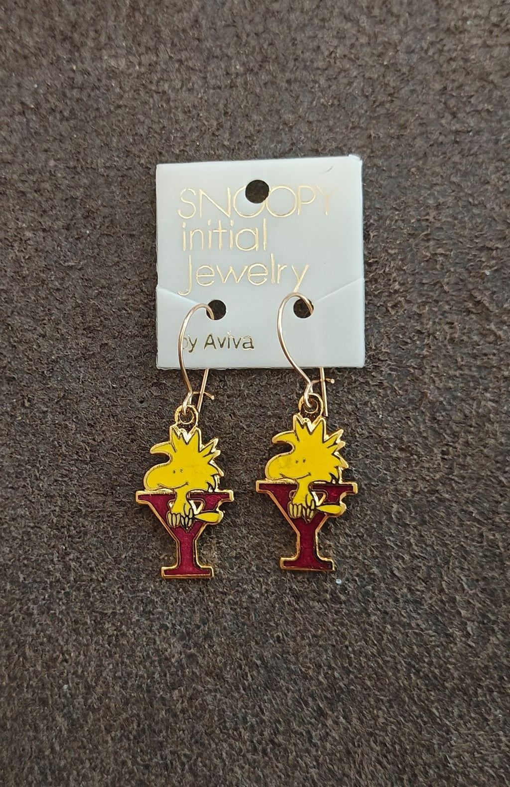 70s Peanuts Woodstock Initial "Y" Gold Tone Cloisonné Enamel Dangle Earrings New
