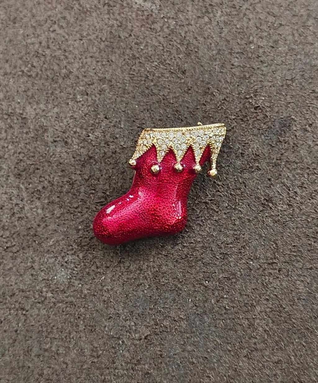 Red Santa boot stocking brooch with gold-tone crown and dangling crystal rhinestones