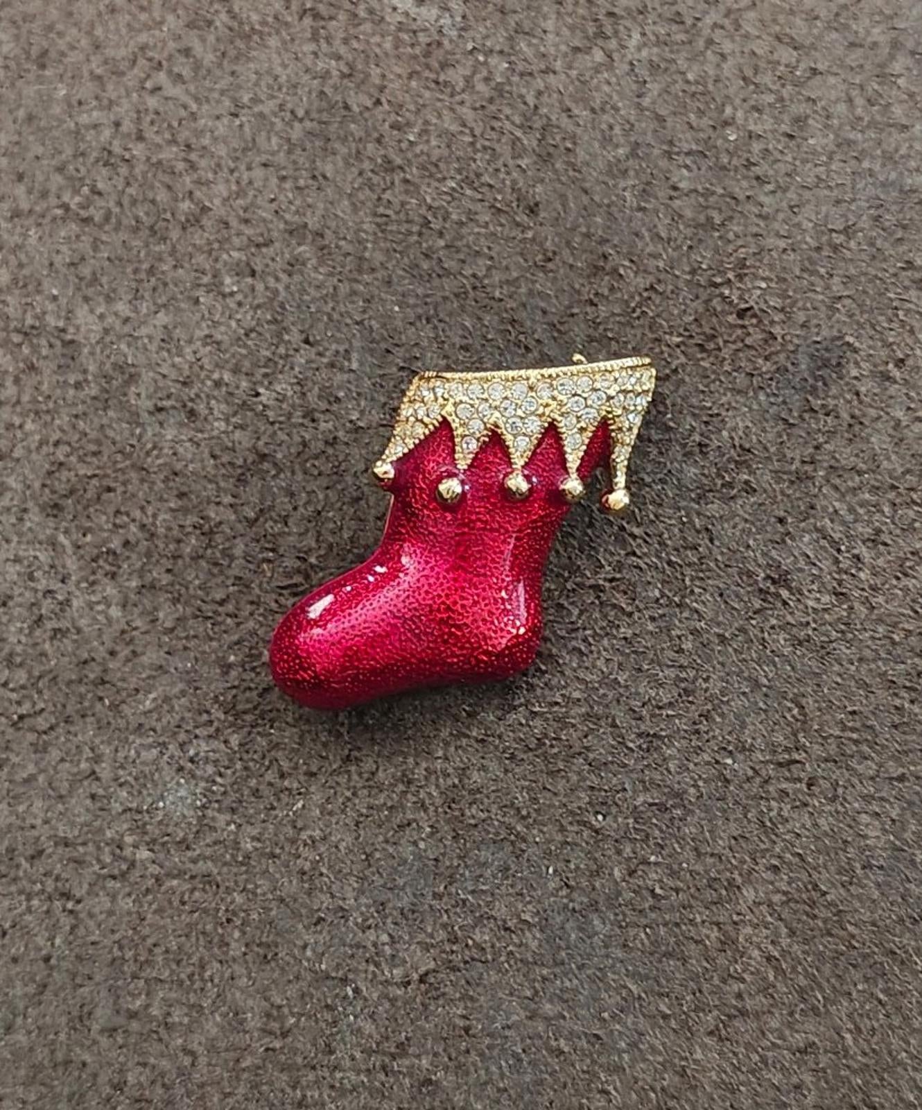 1990's Gold Tone Enamel With Crystal Rhinestones Santa Boot/Stocking Brooch