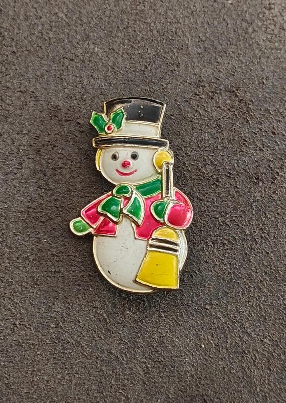 1970s Christmas Snowman Plastic & Painted Enamel Brooch
