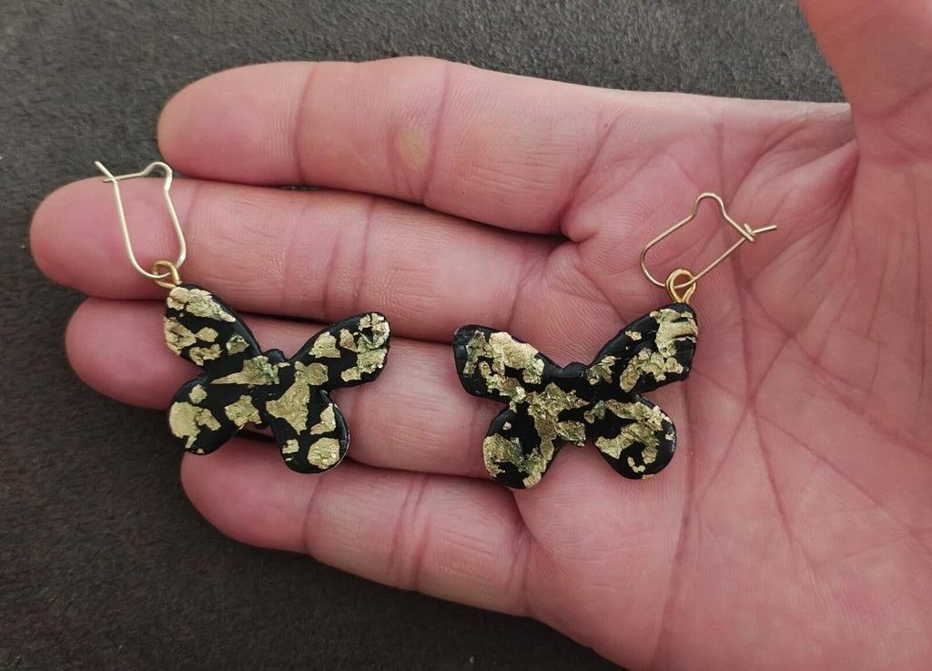 Handmade Black Polymer Clay Butterfly Earrings With Striking Gold Leaf Flakes
