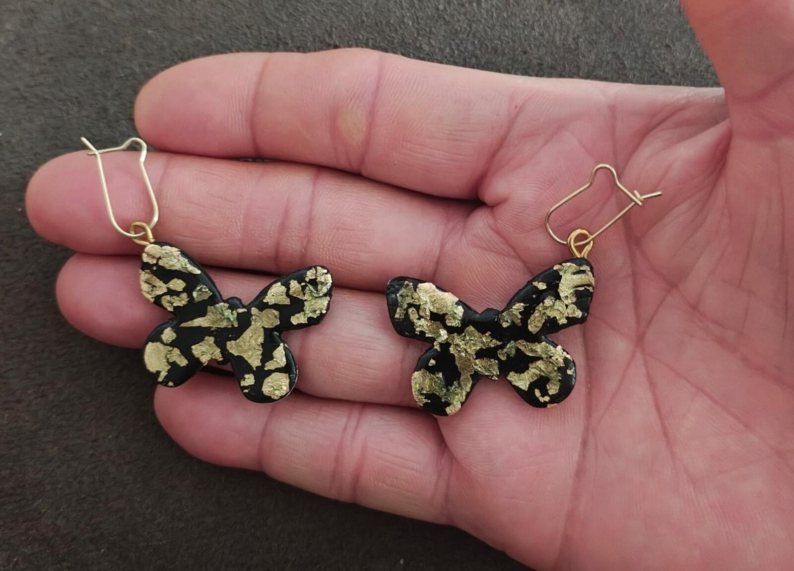Handmade Black Polymer Clay Butterfly Earrings With Striking Gold Leaf Flakes