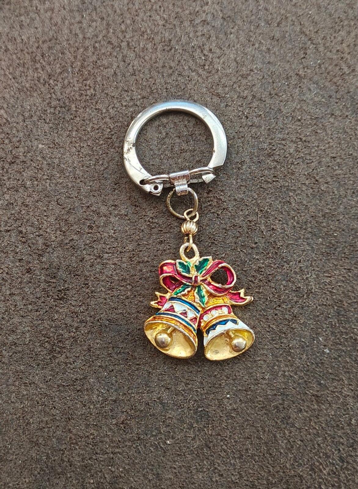 1980s Gold Tone With Red White & Green Enamel Christmas Bell Keychain