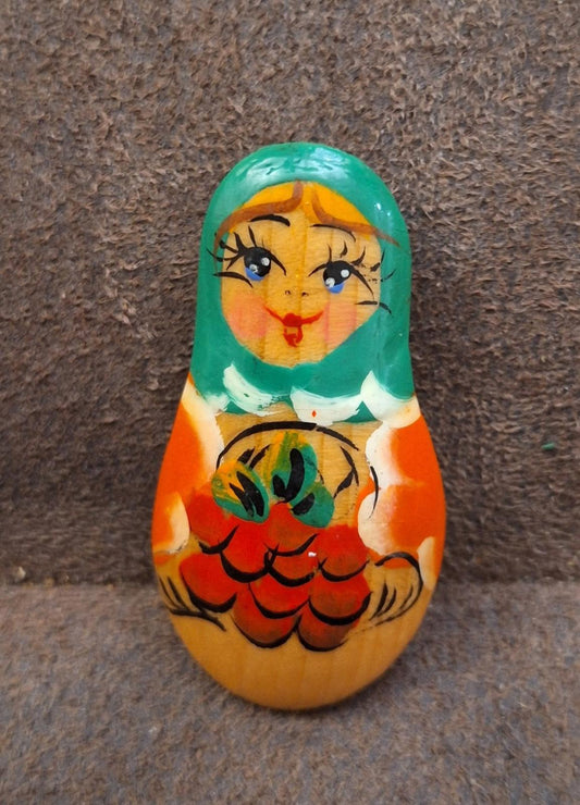 Vintage Wooden Hand Painted Eastern Europe Babushka Brooch
