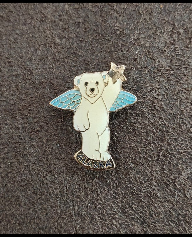 1980s Alaskan Polar Bear Guardian Angel Gold Tone Enamel Pin.