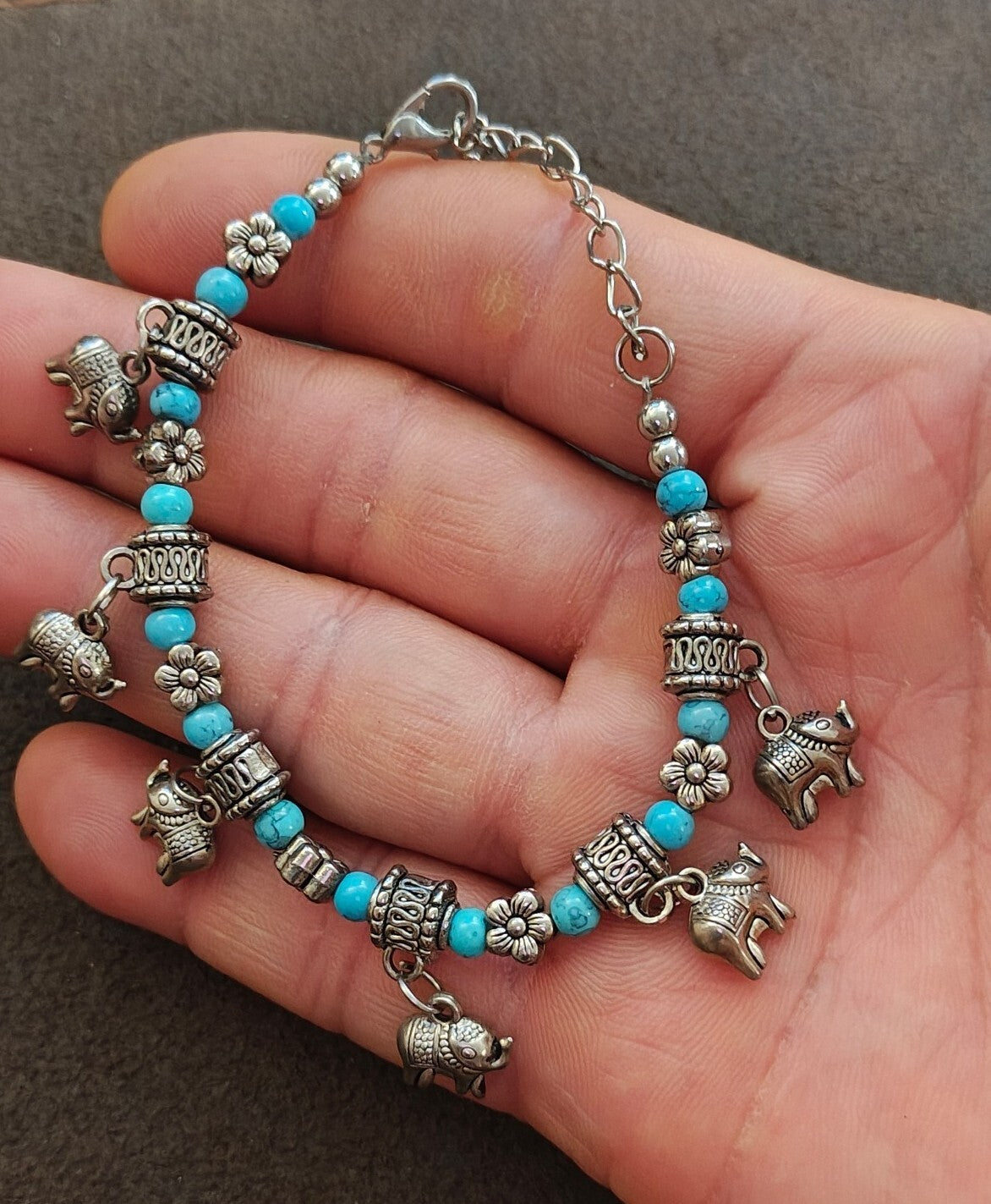 Bohemian Style Turquoise Beaded Elephant Charm Bracelet
