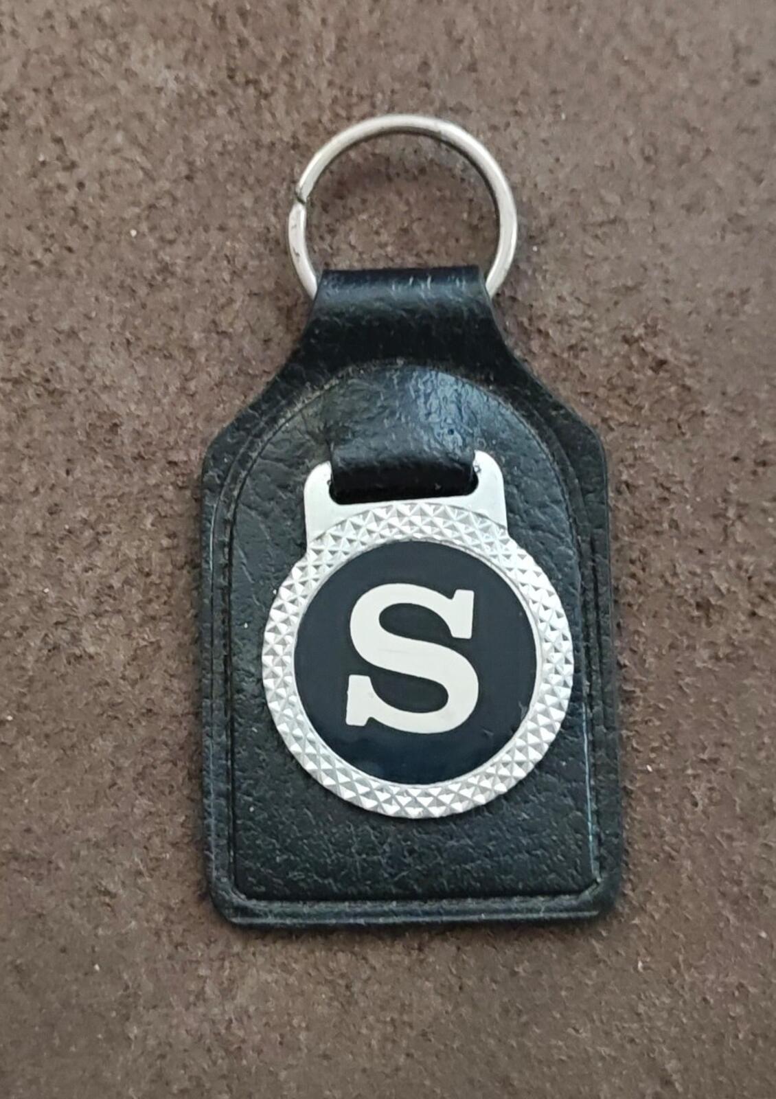 1970s Black Leather Stylized Initial Letter "S" Emblem Keychain/Key Fob