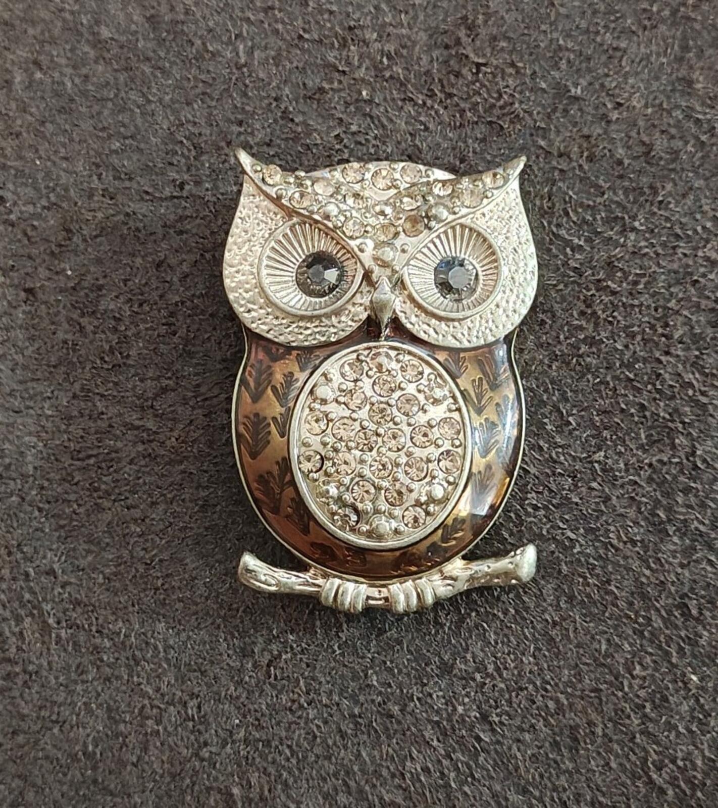 1980s Gold Tone With Brown & Clear Rhinestones Owl Brooch