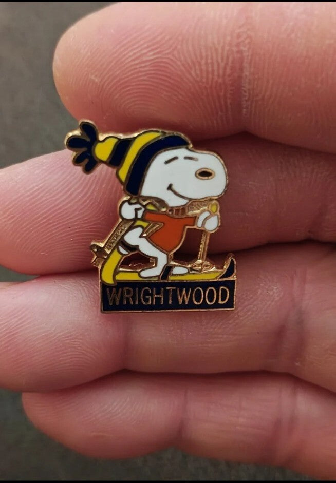 1970s Peanuts Snoopy Skiing Wrightwood  Cloisonné Gold Tone Enamel Pin