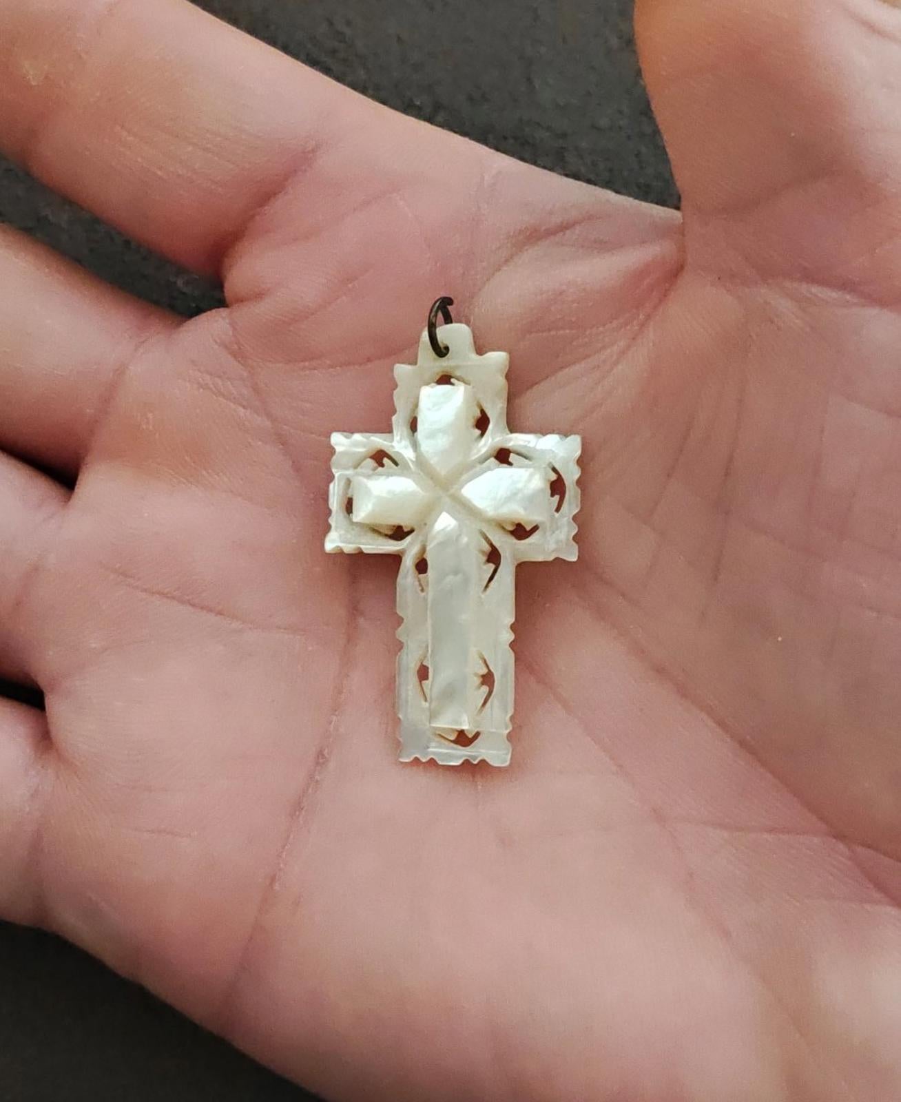 1980s/90s Hand Carved Mother of Pearl Cross Pendant From Bethlehem