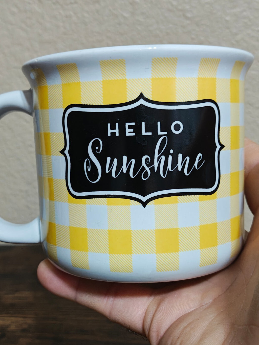 Hello Sunshine Yellow, Black & White Gingham Mug