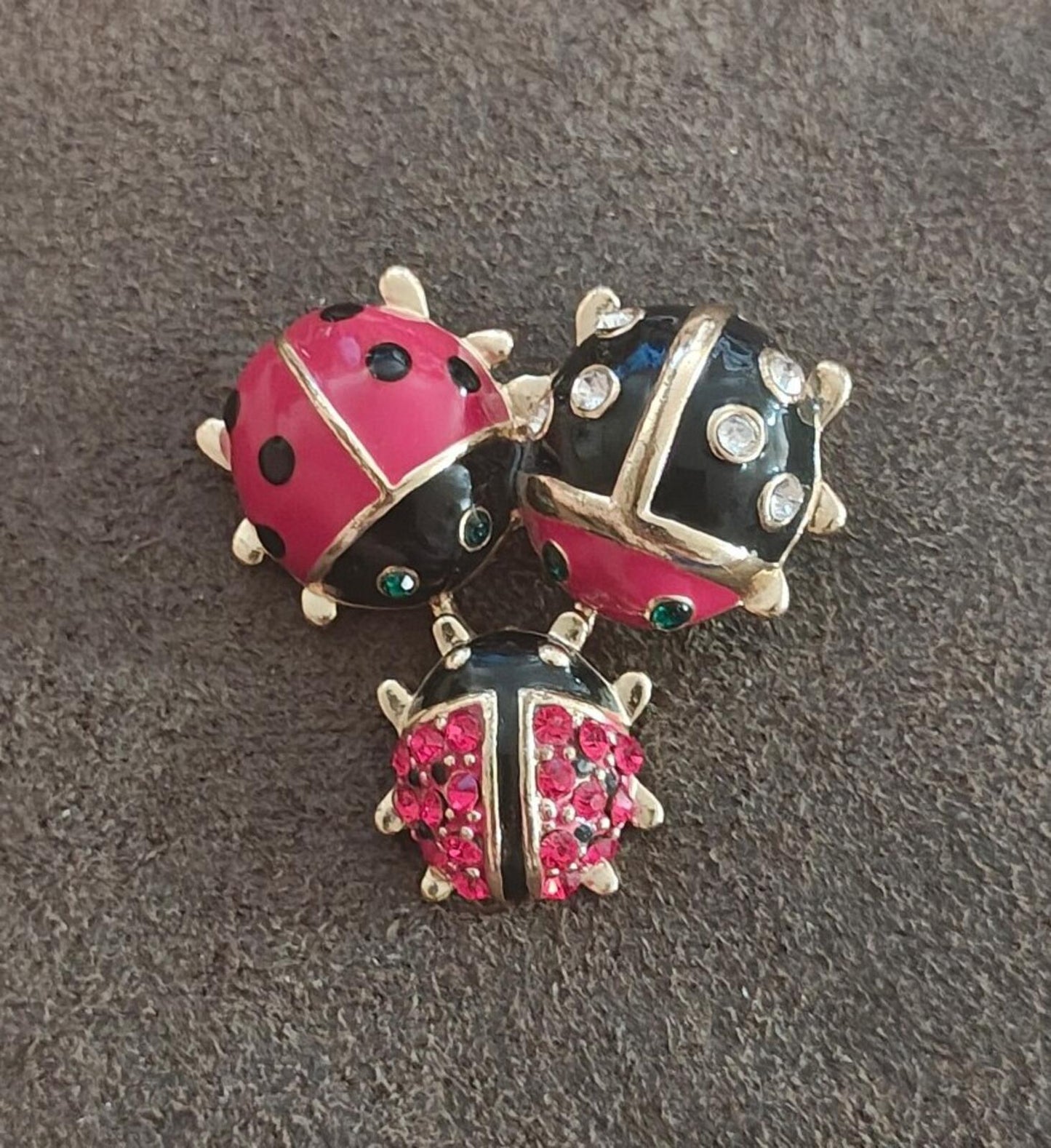 Gold Tone With Black & Red Enamel, Red & Clear Rhinestones Ladybug Trio Brooch