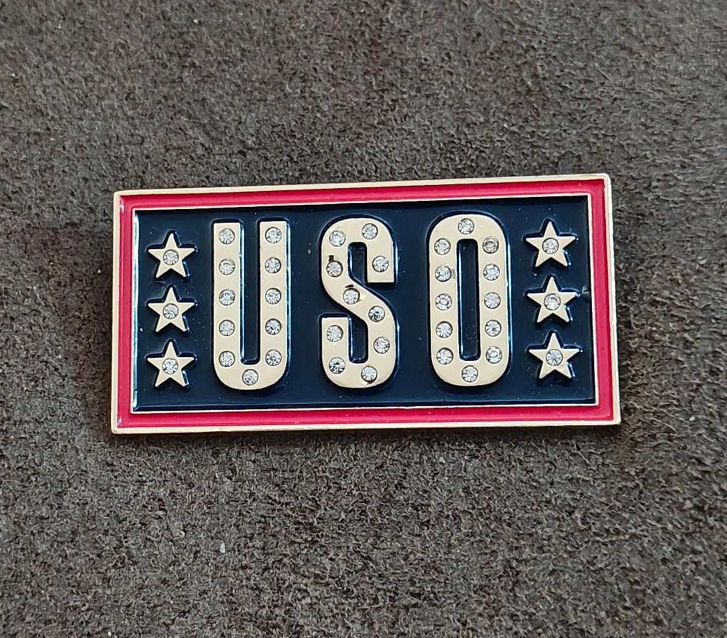 USO Gold Tone With Clear Rhinestones Red & Blue Enamel Pin