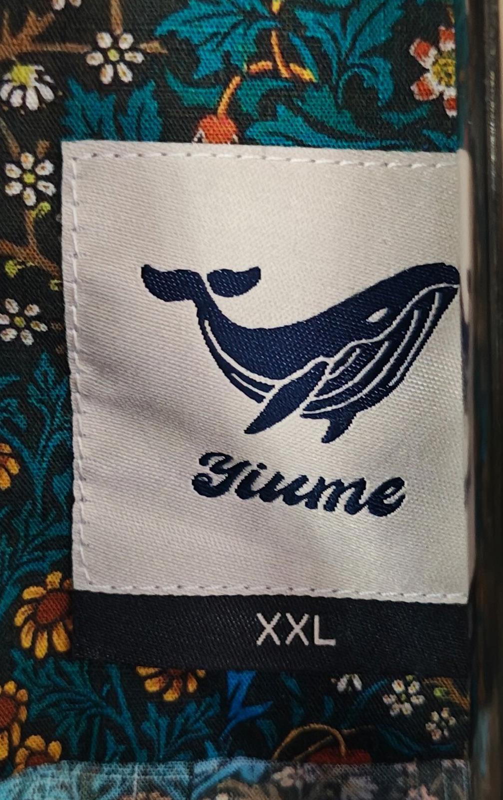 Blue floral Hawaiian shirt with inner label marked XXL and Yiume whale logo