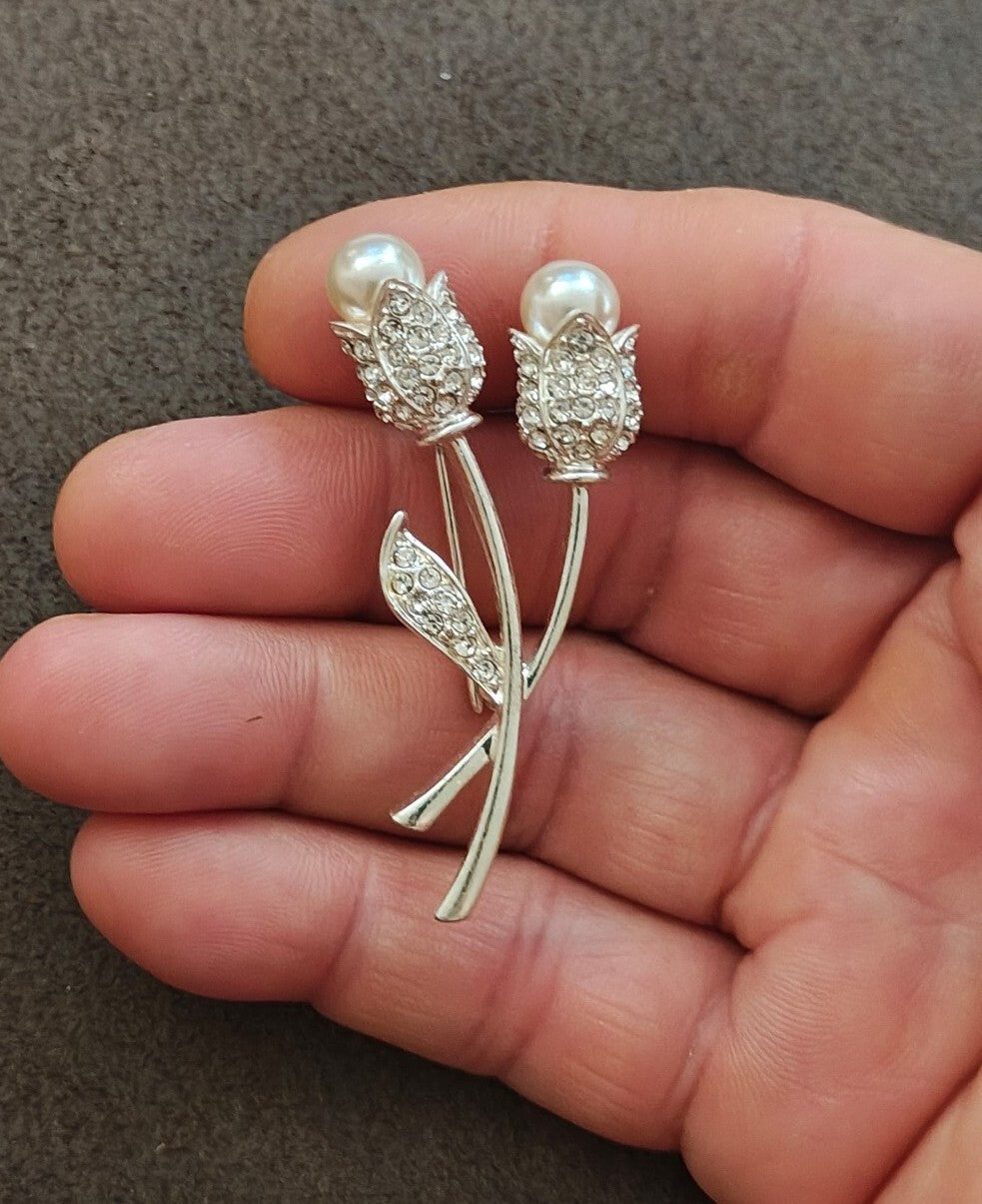1990s Silver Tone With Sparkling Rhinestones Tulips With Faux Pearls Brooch