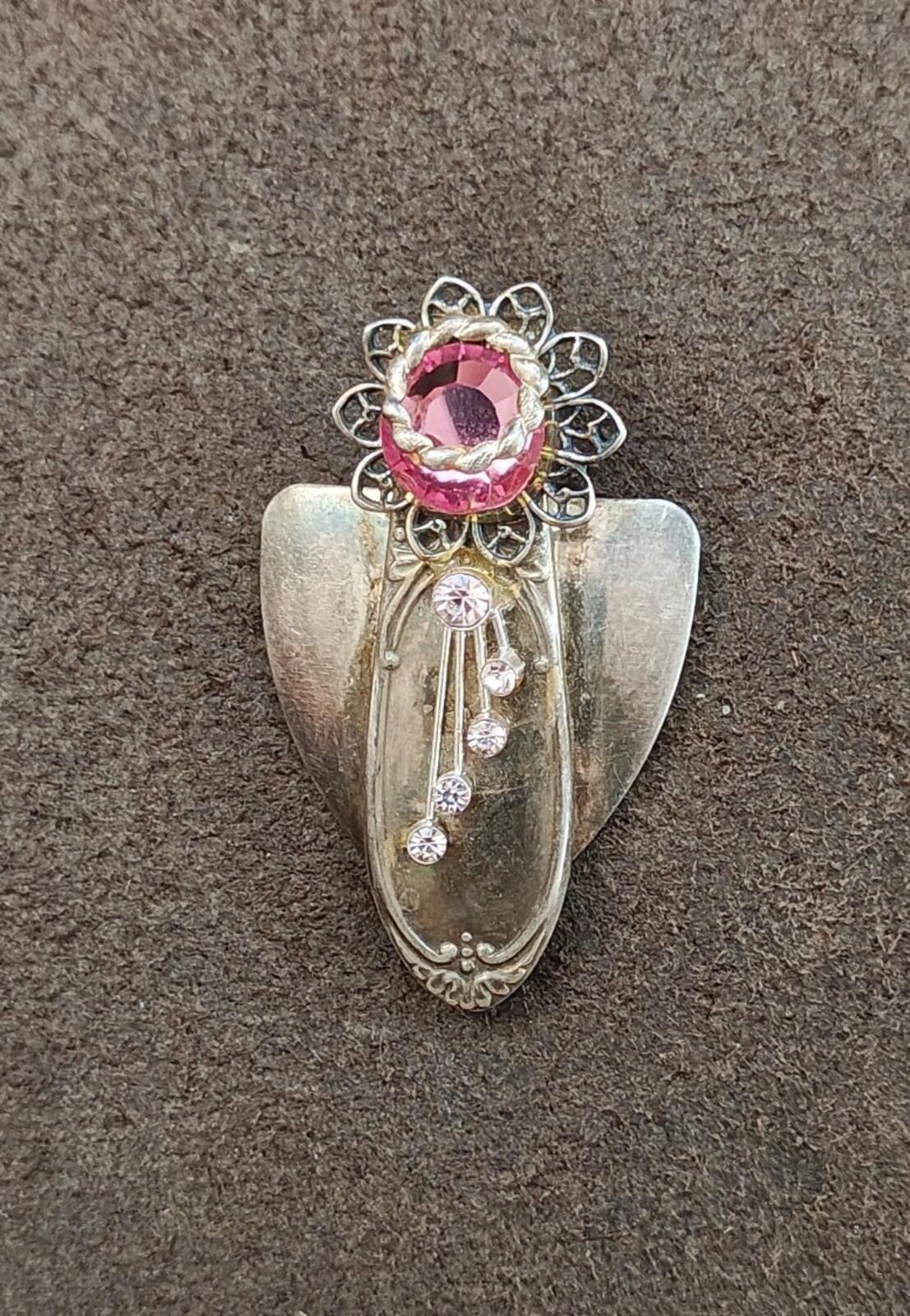 Unique Handcrafted Silver Tone Angel With Rhinestones Brooch