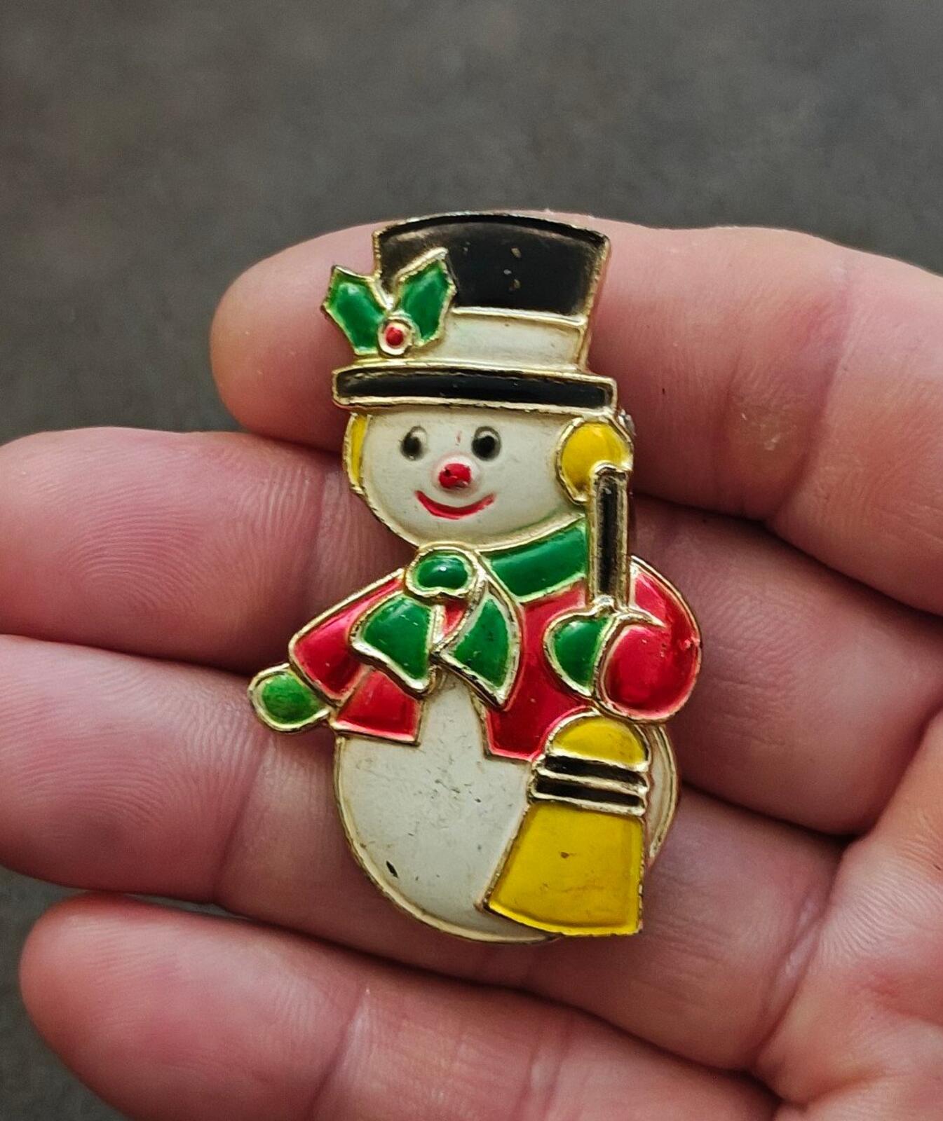 1970s Christmas Snowman Plastic & Painted Enamel Brooch