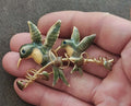 1970s/1980s Double Hummingbird Gold Tone & Green Enamel Brooch Pin.