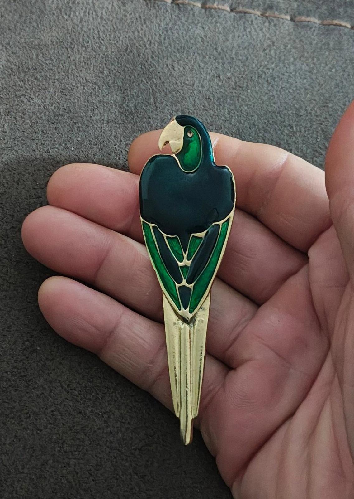 1990's Vintage Gold Tone Blue Green Enamel Parrot Brooch Pin