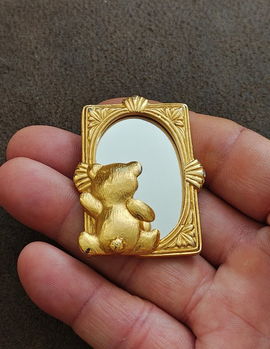 1980s Signed JJ Teddy Bear Looking In Mirror Gold-Tone Brooch Pin