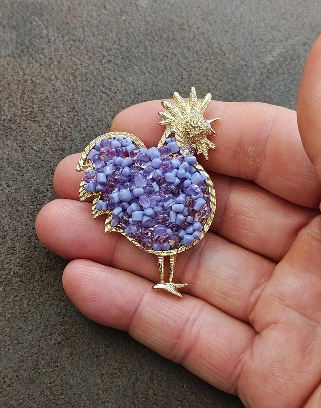 2000s Gold Tone With Purple Beads Rooster Brooch Pin