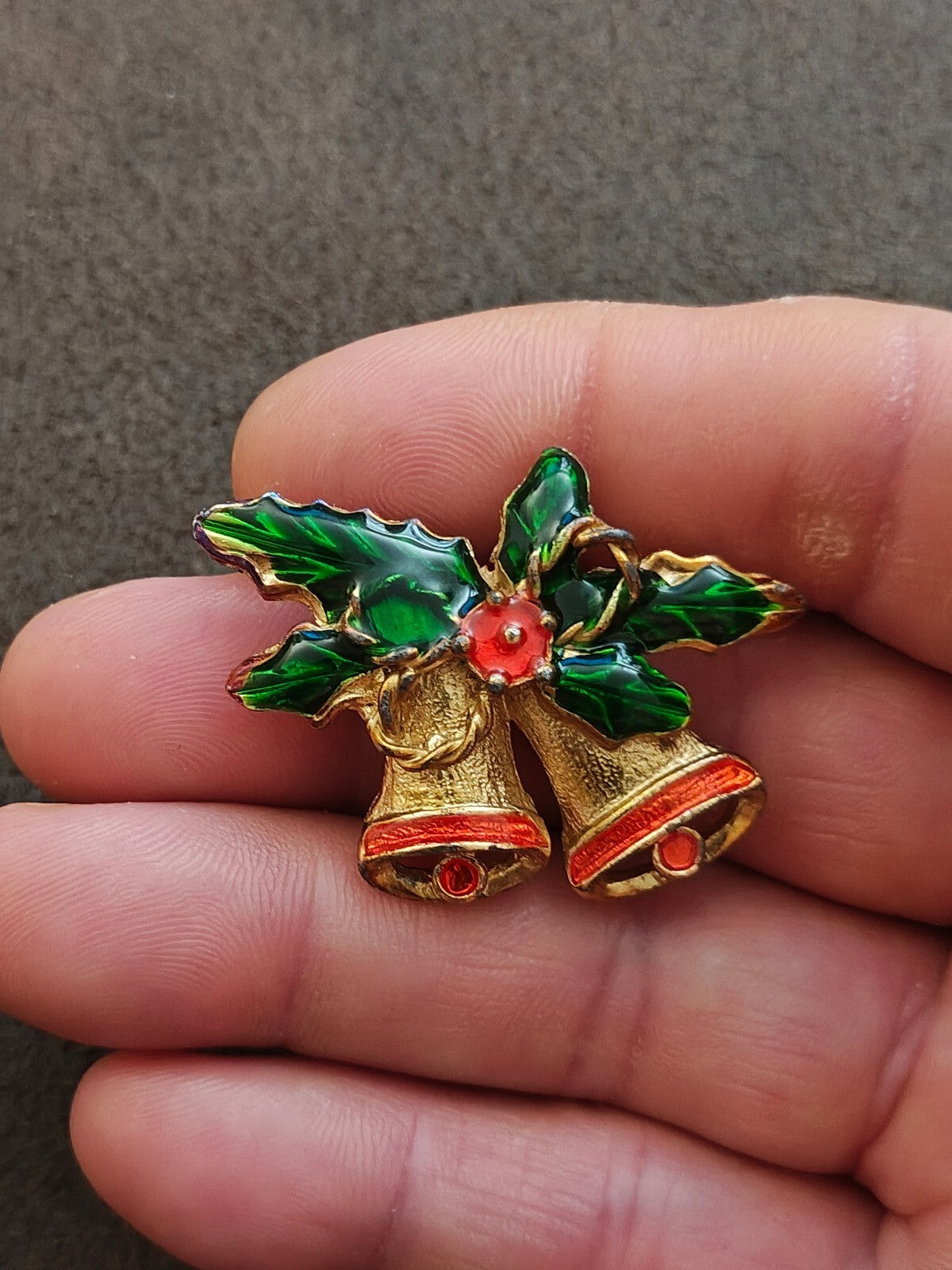 1970s Vintage Gold Tone Enamel Christmas Bells Brooch Pin