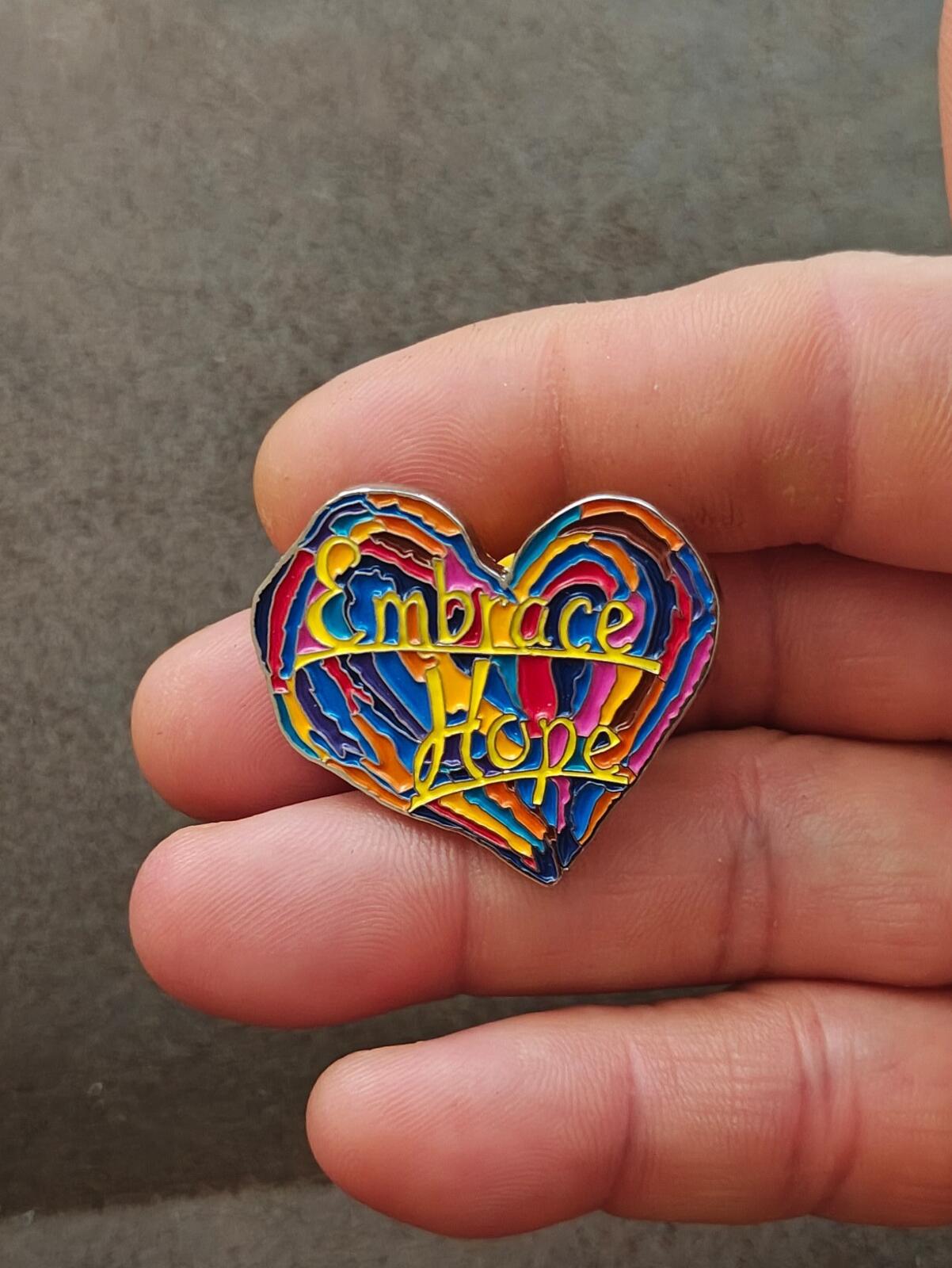 1990s Penzeys Spices Embrace Hope Rainbow Heart Enamel Pin