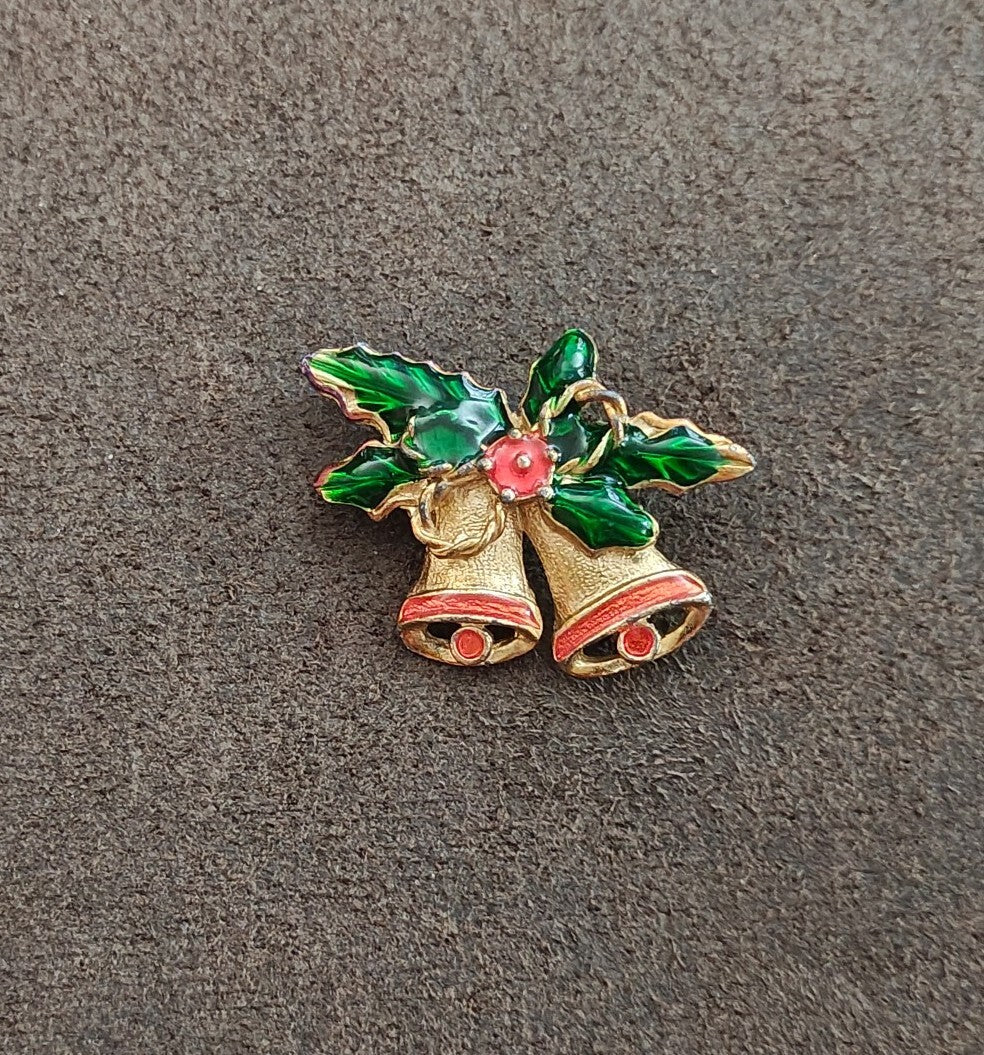 1970s Vintage Gold Tone Enamel Christmas Bells Brooch Pin