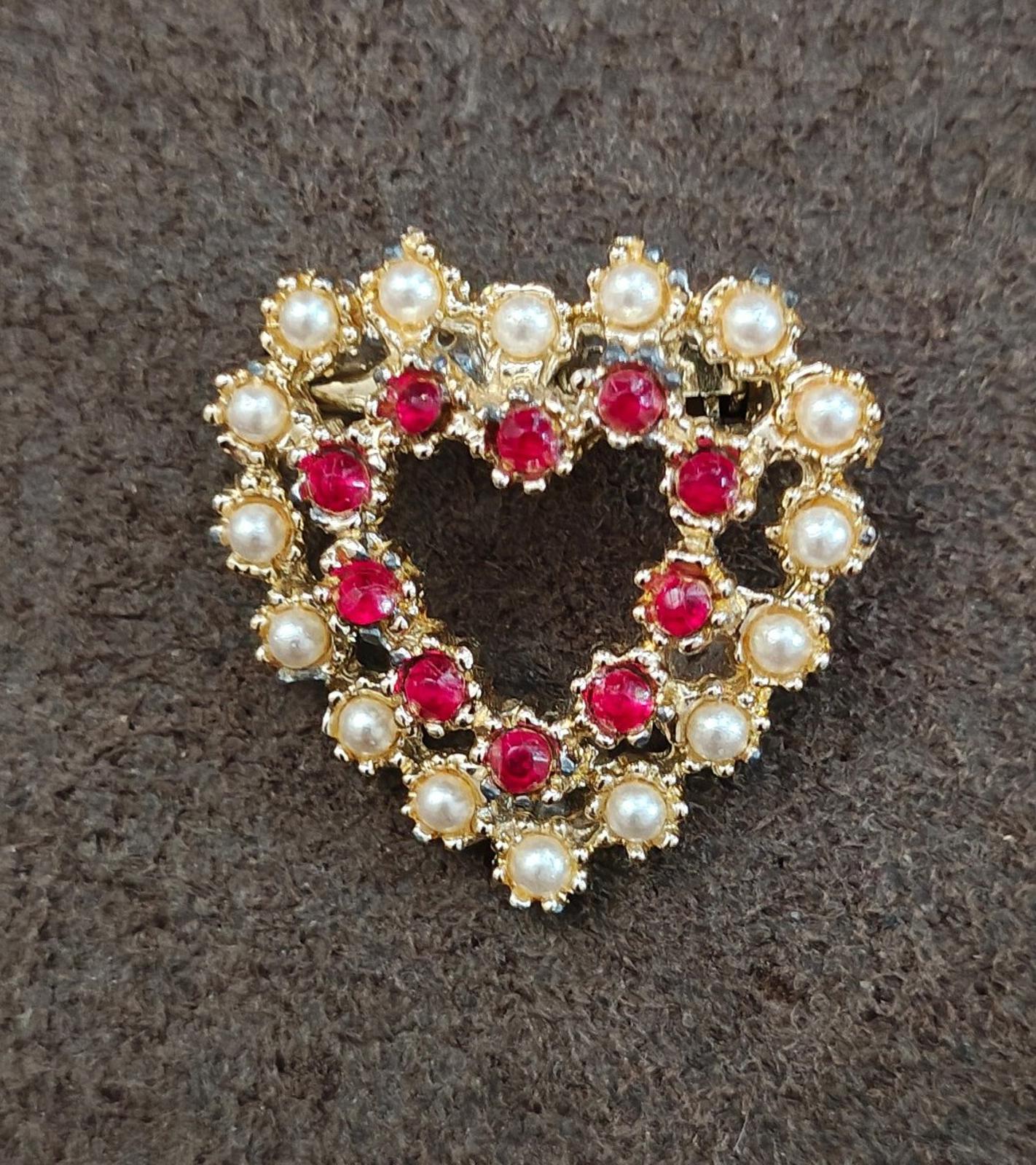 1980's Gold Tone Red Rhinestones and Faux Pearls Heart Brooch Pin
