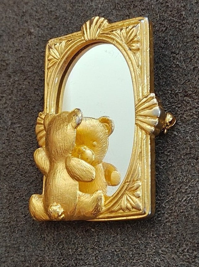 1980s Signed JJ Teddy Bear Looking In Mirror Gold-Tone Brooch Pin