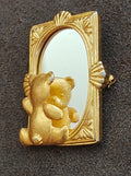 1980s Signed JJ Teddy Bear Looking In Mirror Gold-Tone Brooch Pin