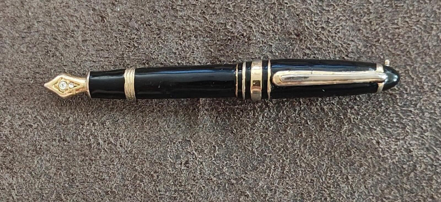 90s Vintage Gold Tone With Black Enamel & Clear Rhinestones Fountain Pen Brooch