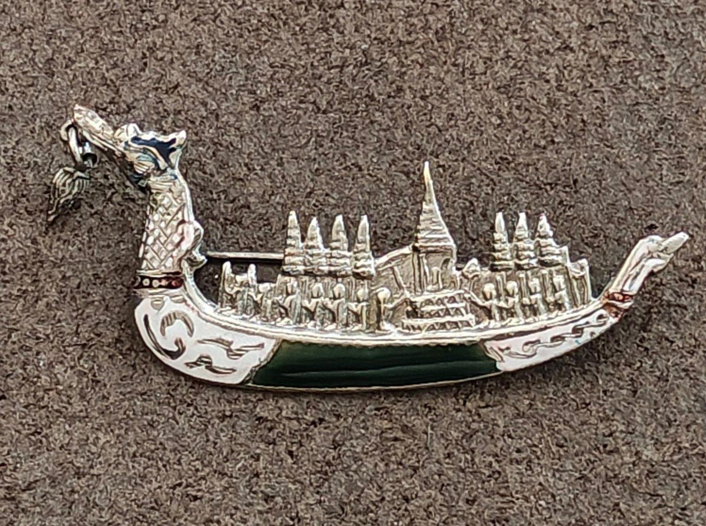 1950's Siam Thai Royal Dragon Sterling Silver Black and White Enamel Brooch