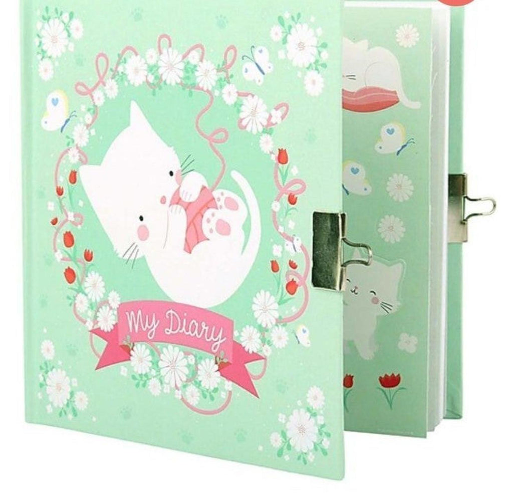 Green cat diary with floral border and clasp rings, shown beside matching inside cover