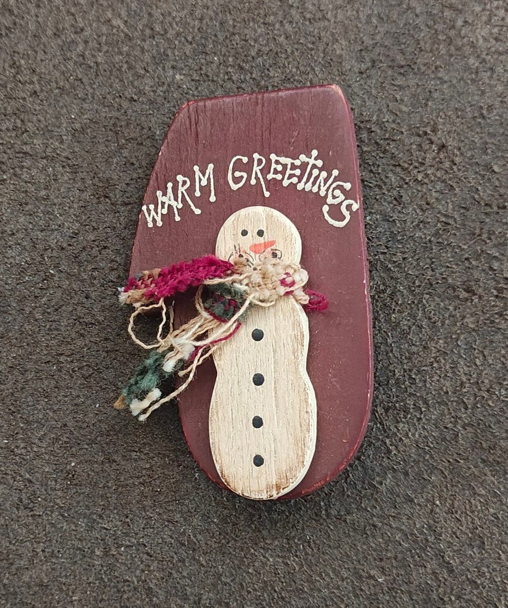 Hand Crafted Painted Rustic Wooden Christmas Snowman Brooch