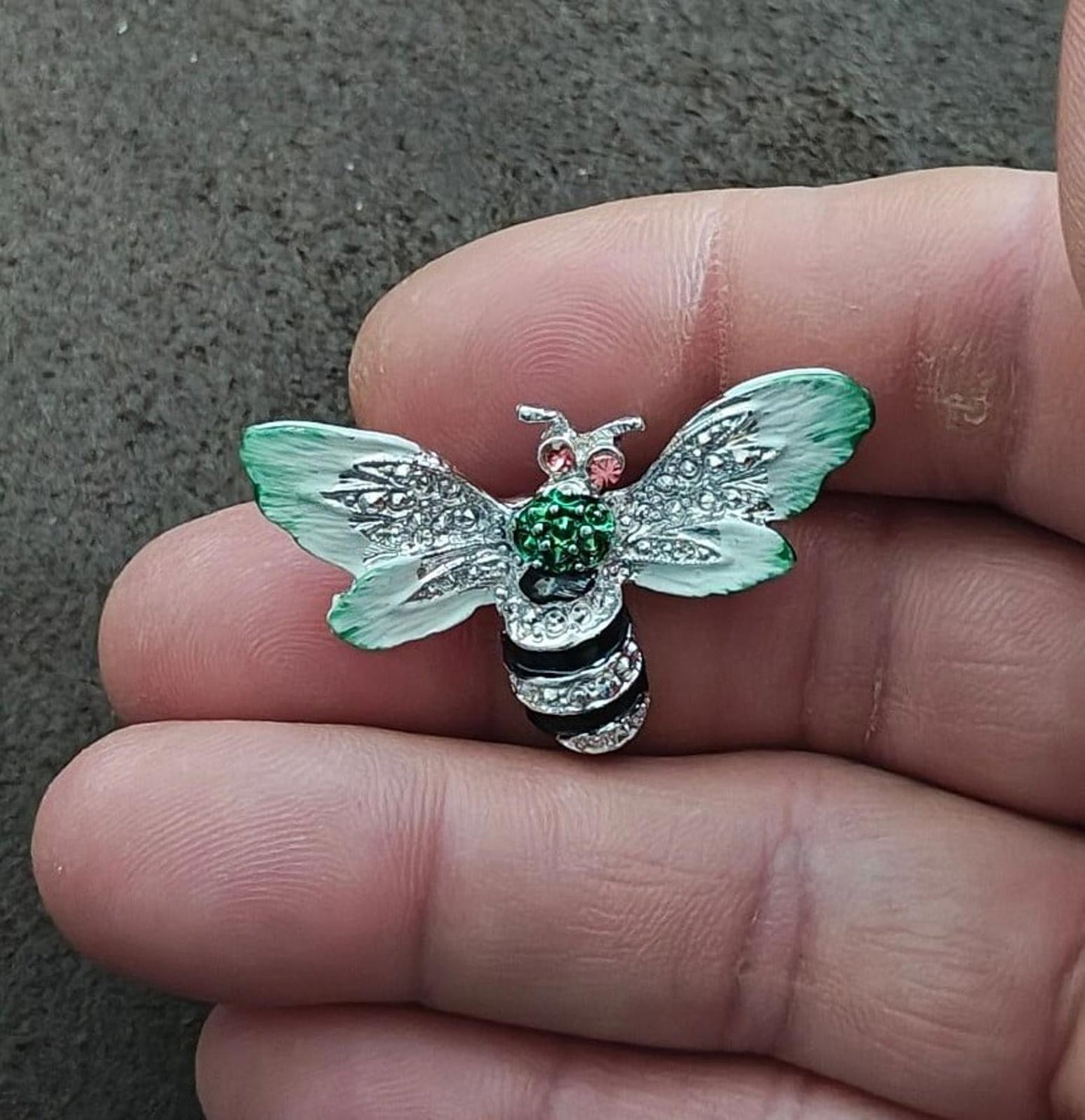 1980s Silver Tone Bumblebee With Pink Rhinestone Eyes Enamel Brooch Pin