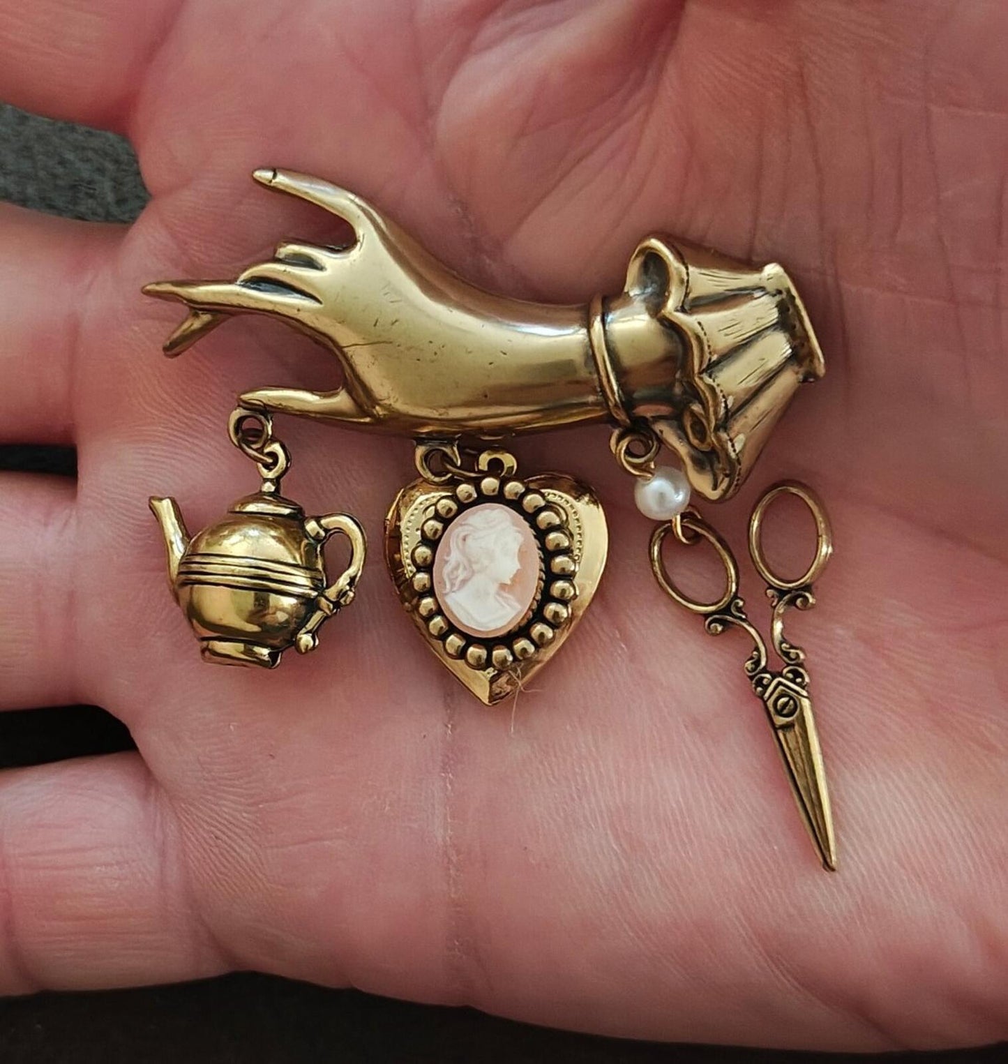 1980s/90s Victorian Style Chatelaine Inspired  Gold Tone Charm Dangle Brooch