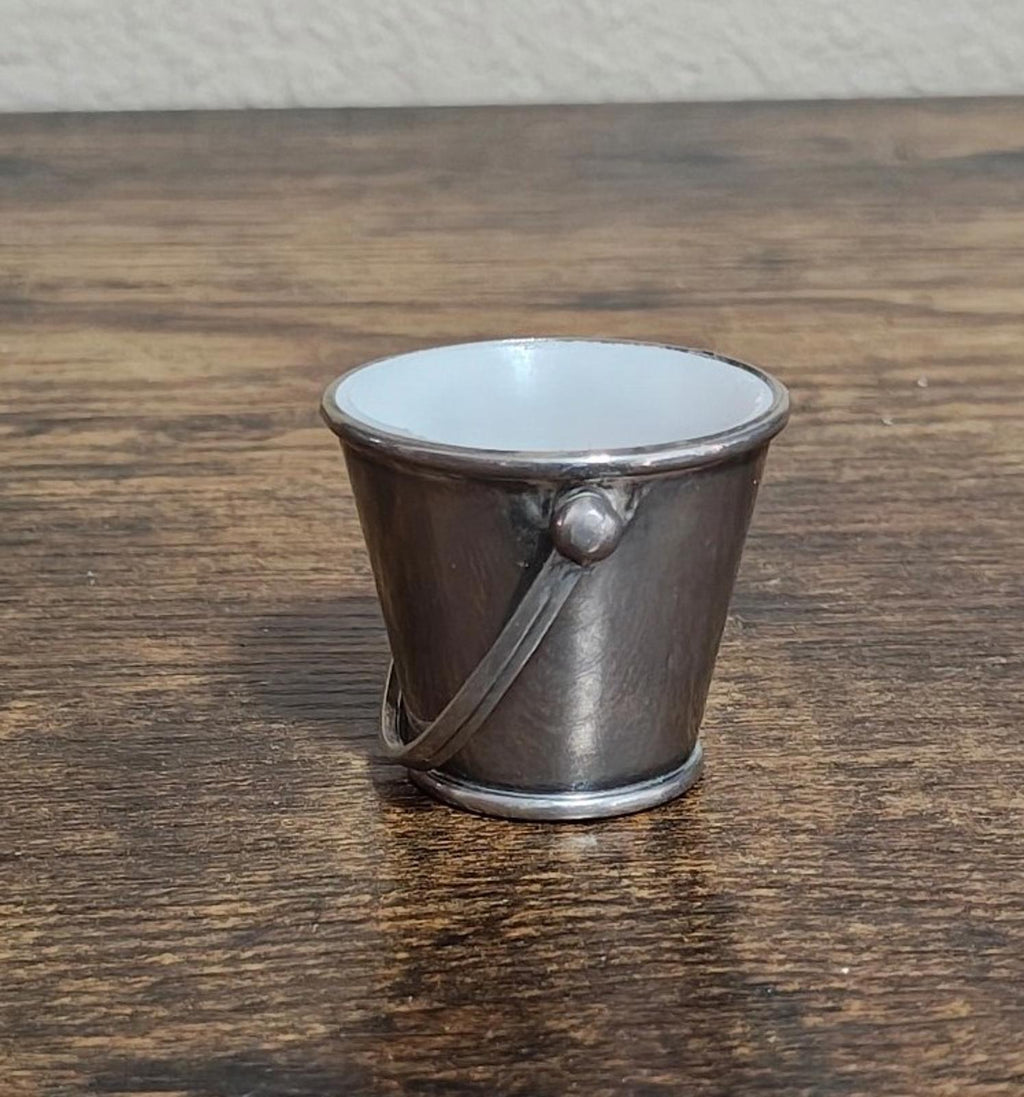 Mini silverplated bucket pail with side handle and white interior