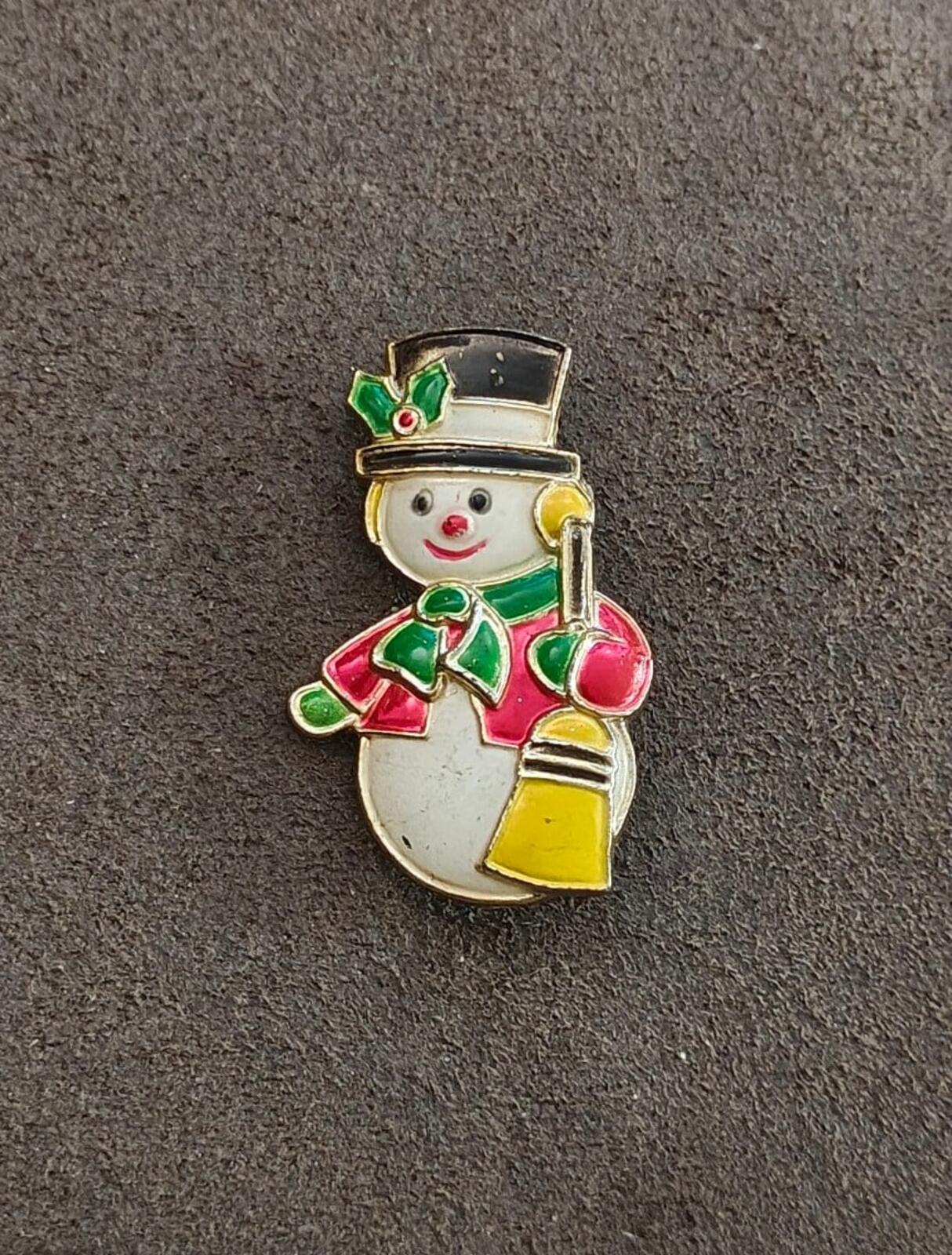 1970s Christmas Snowman Plastic & Painted Enamel Brooch