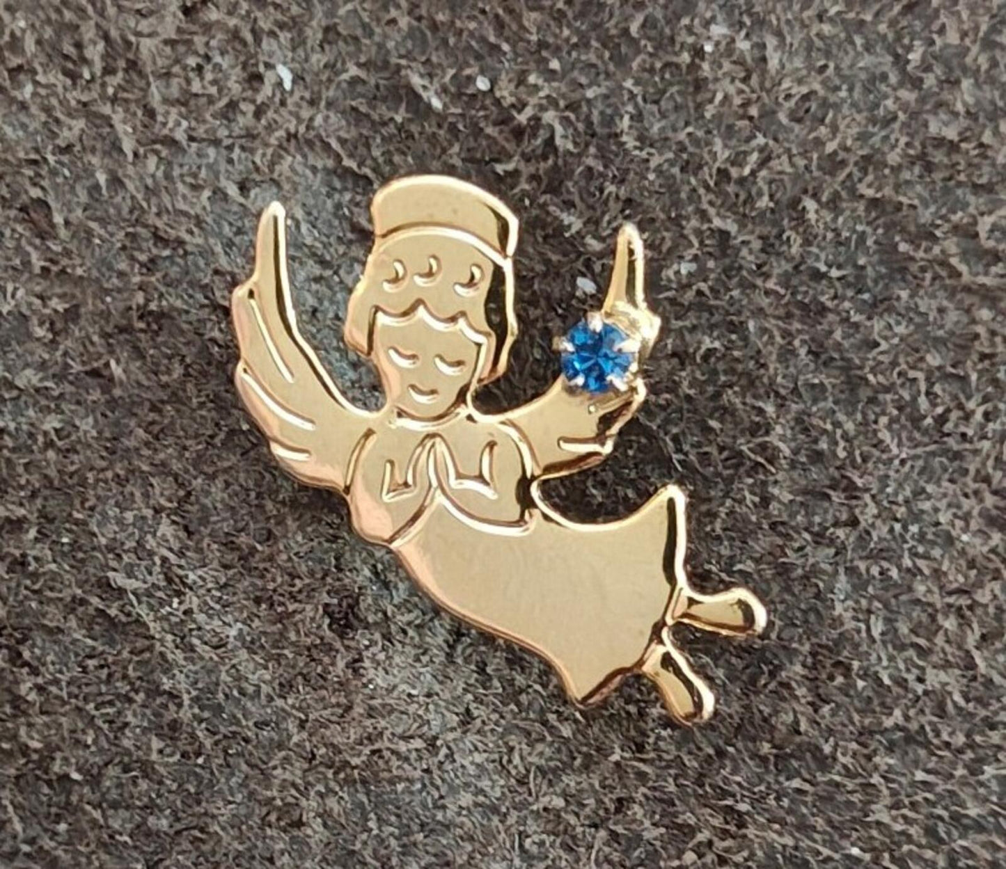1980s Gold Told Guardian Angel With Small Blue Birthstone Rhinestone Pin