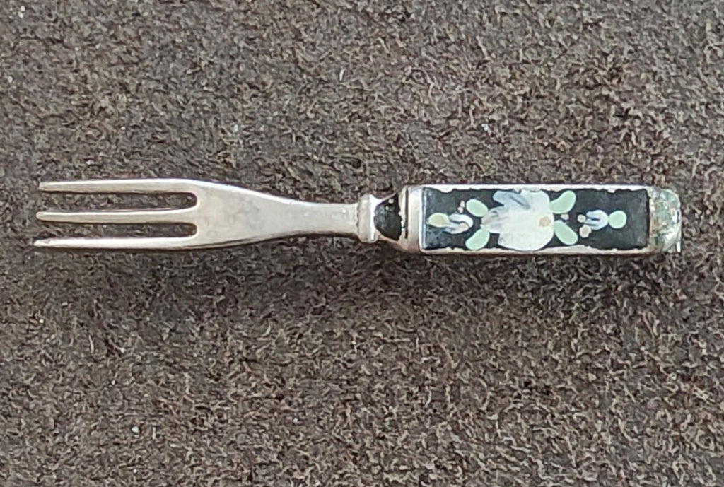 1930s/40s Miniature Silver Tone Fork With Floral Enamel Brooch Pin.