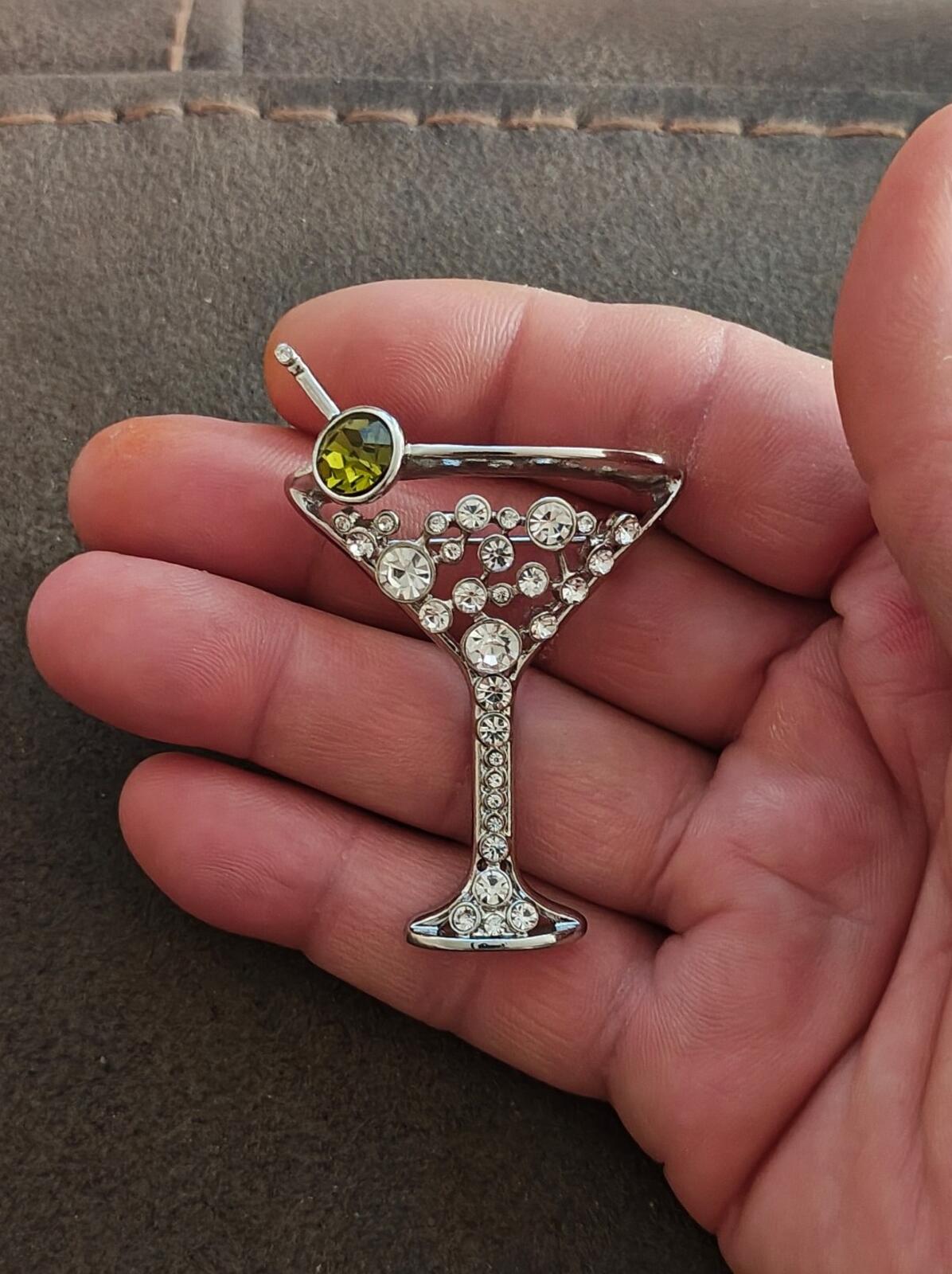 Chico's Silver Tone With Peridot Green Rhinestone Martini Glass Brooch