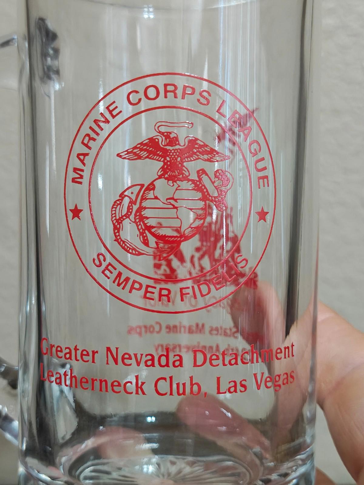 Clear beer mug with handle, red Marine Corps seal and 'Semper Fidelis' lettering