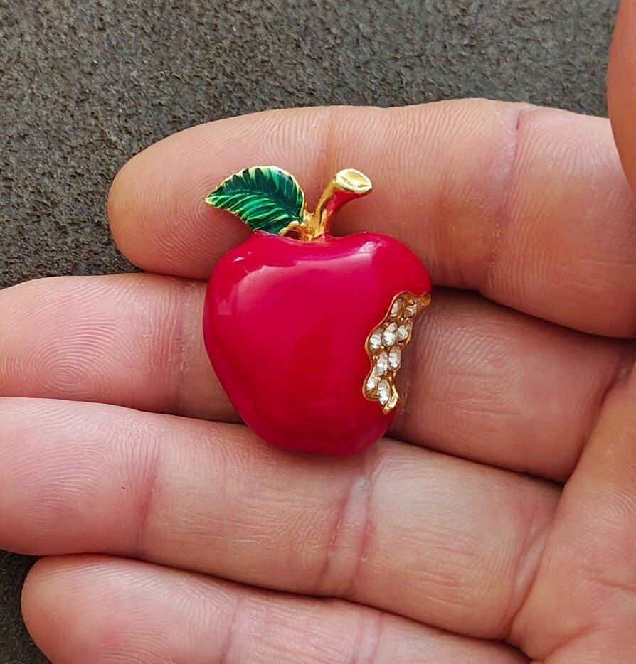 1990s Gold Tone Red & Green Enamel & Rhinestone Bitten Apple Brooch Pin